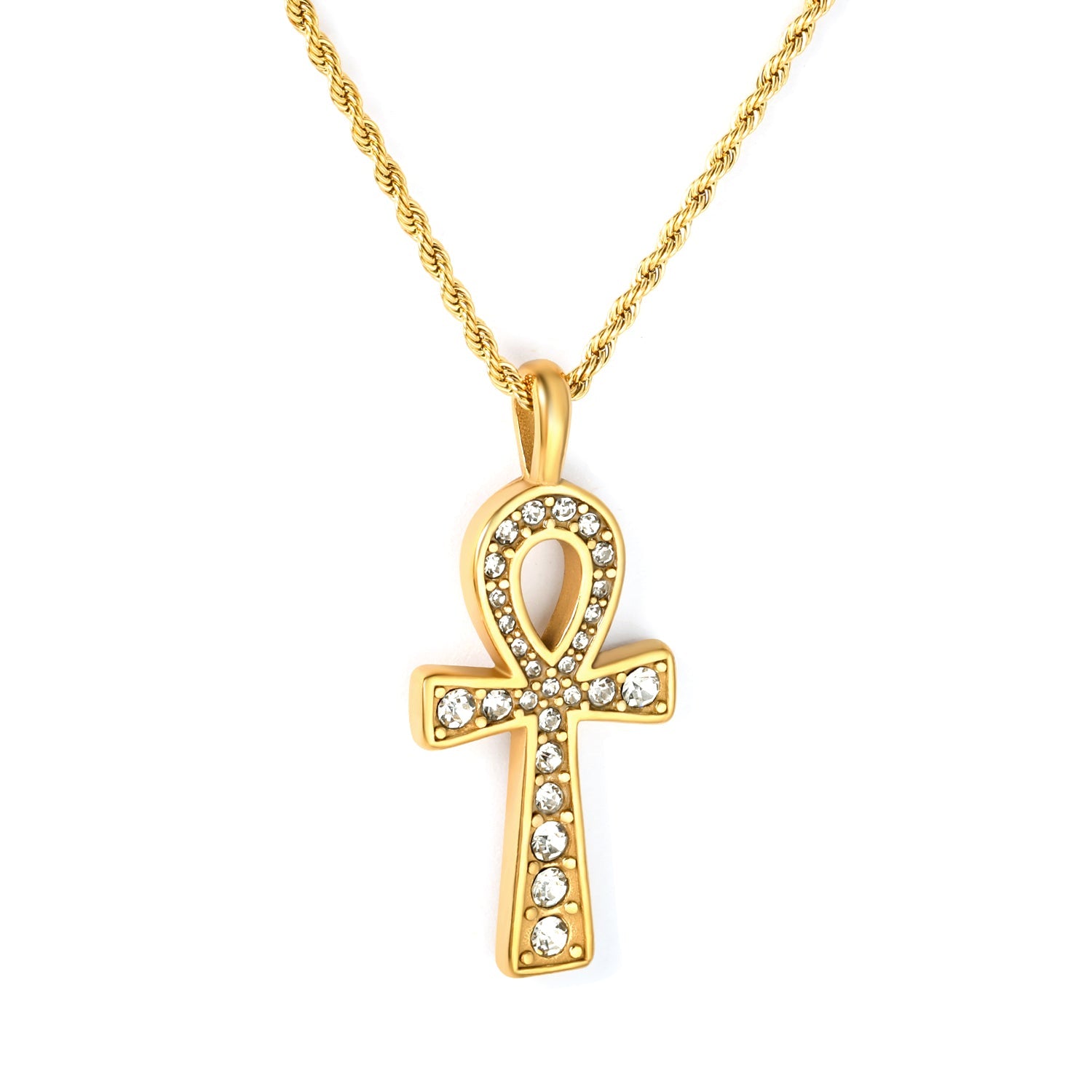 20.8*37.7mm Egyptian Cross Pendant with White Acrylic Diamonds 2mm Twisted Chain 50+5cm+6mm Round Tag Necklace Gold asonjewelry
